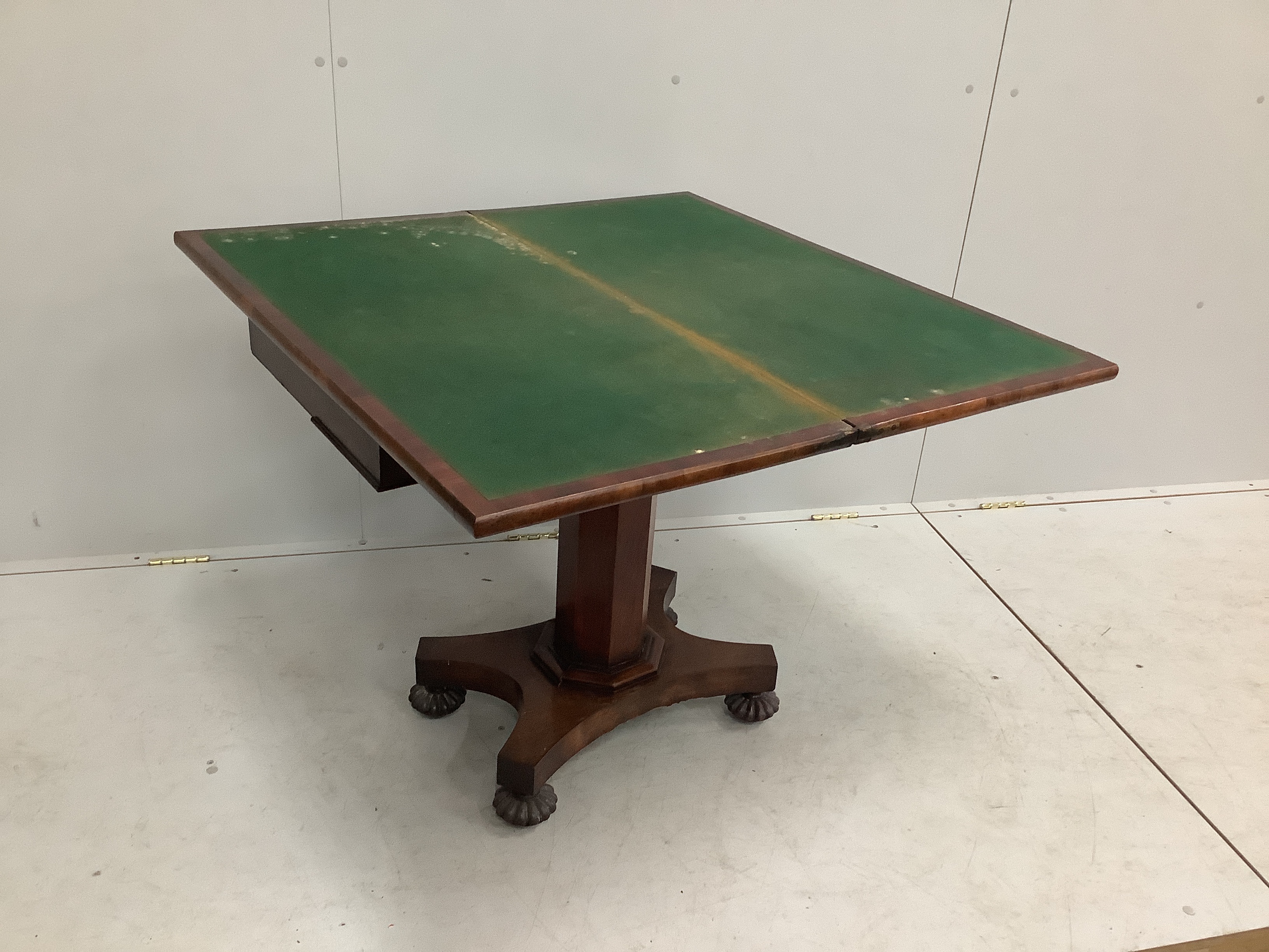 An early Victorian rectangular mahogany folding card table, width 92cm, depth 45cm, height 74cm